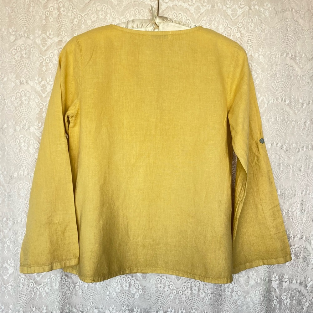 Terzo Millennio Linen Top Yellow High Low Roll Tab Sleeves Shirt Tunic Sz M - Picture 6 of 16